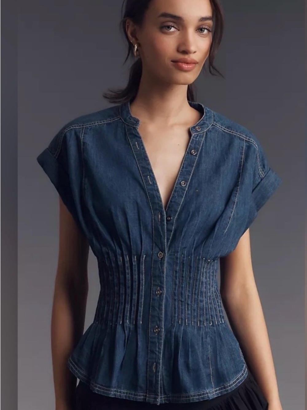 NWT The Linden Denim Pleated Waisted Blouse by Pilcro Size Small